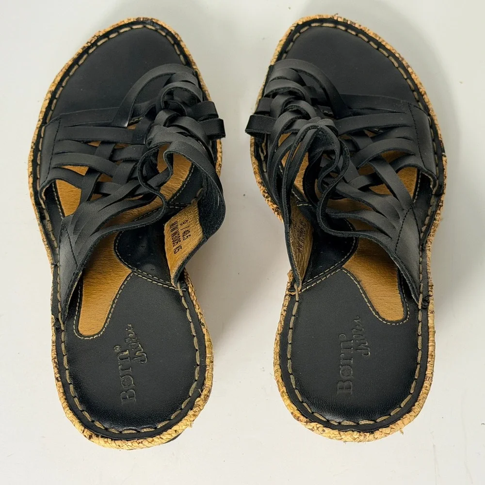 Born Drilles Woven Wedge Sandals Womens Size 9 Black Leather Raffia Boho‎